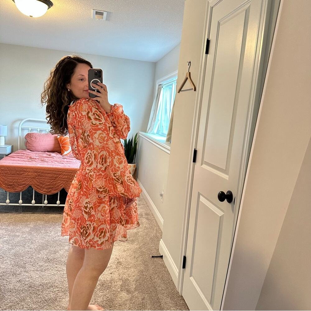 Tanya Taylor Pink Floral Linen Silk Long Sleeve Mini Dress 2 Oversized - Picture 2 of 15